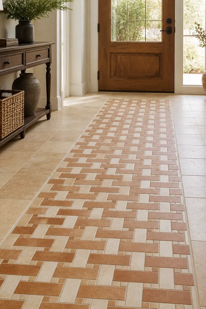 Terracotta and cream basketweave-style tile pattern in a central strip