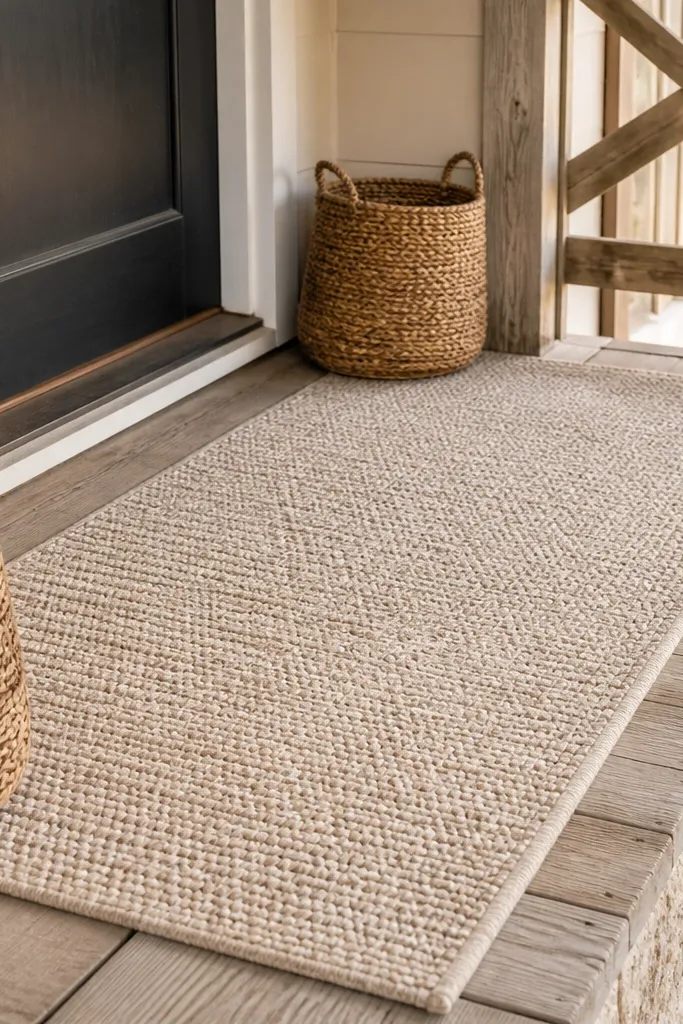 Cream wool-look porch runner with two braided baskets at the corners