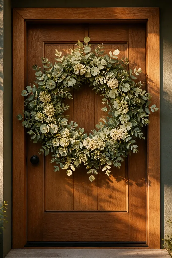 Warm wood-framed wreath hanging on a front door with cream accents