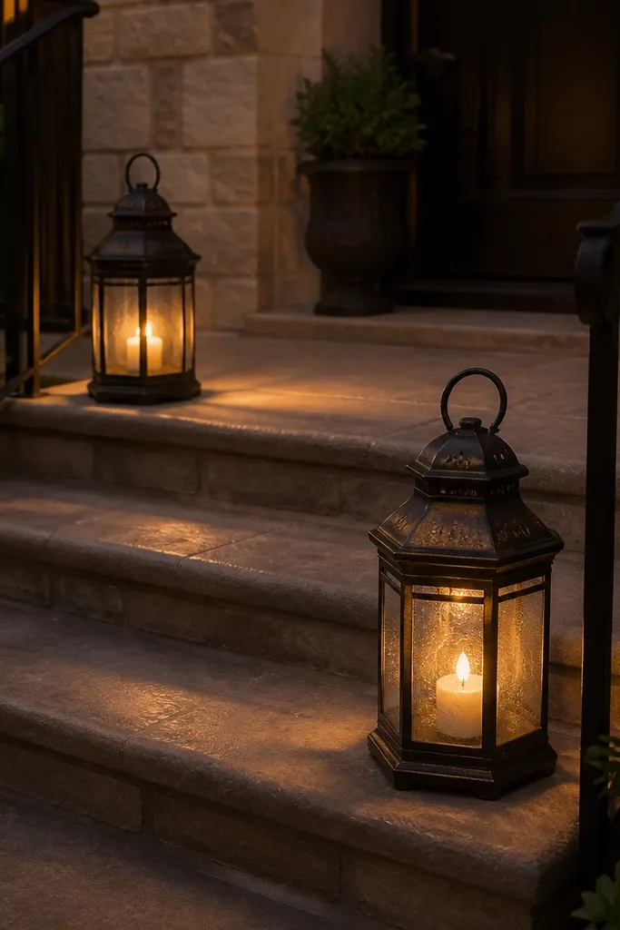 Two black lanterns placed on porch step risers with warm candle light