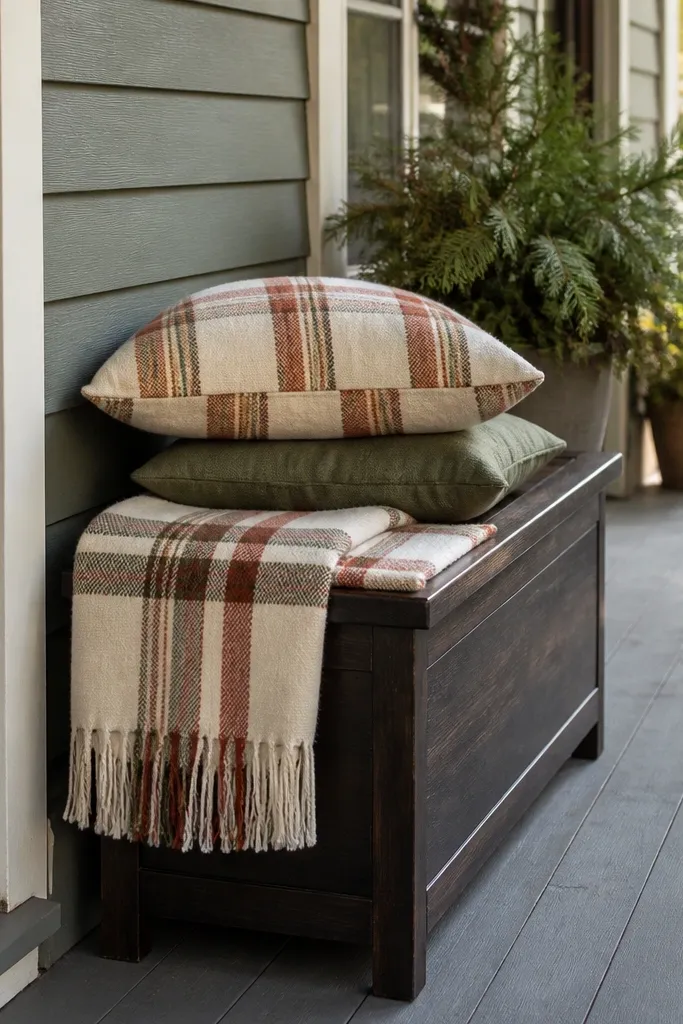 Narrow porch bench with plaid throw and two stacked pillows in cream and rust