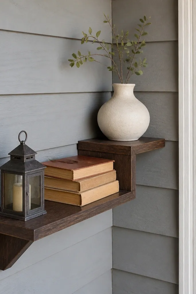 Small corner wall shelf with candles, books, and one matte ceramic vase