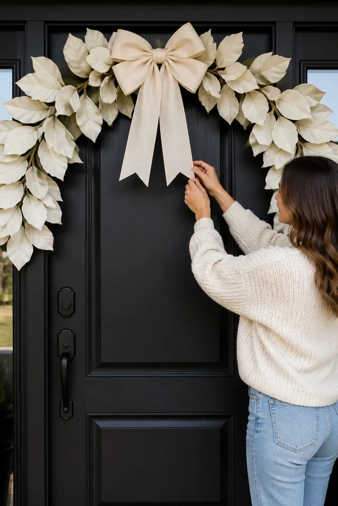 Faux magnolia leaf garland draped above the door with a thick cream ribbon bow