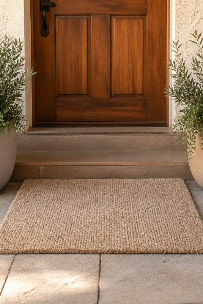 Coir doormat with two matching planters in the same warm color
