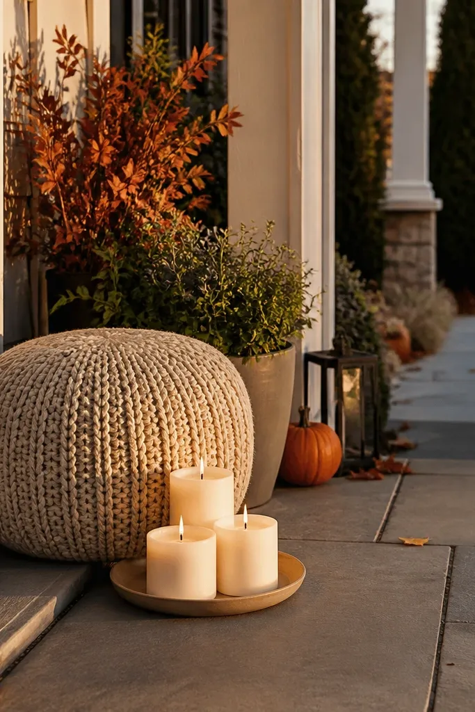 Chunky knit pouf near front door with a small tray holding three candles