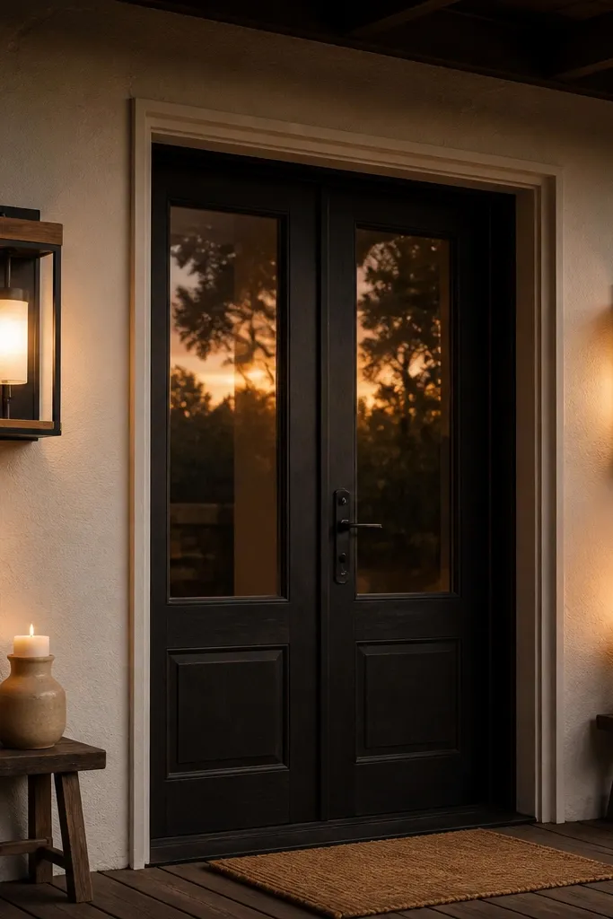 Two wall sconces with black frames and wood candle holders near the front door