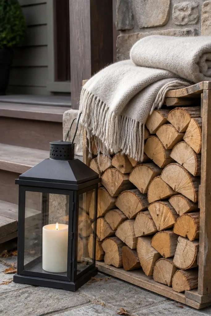 Wood crate with neatly stacked logs and a wool throw folded on top