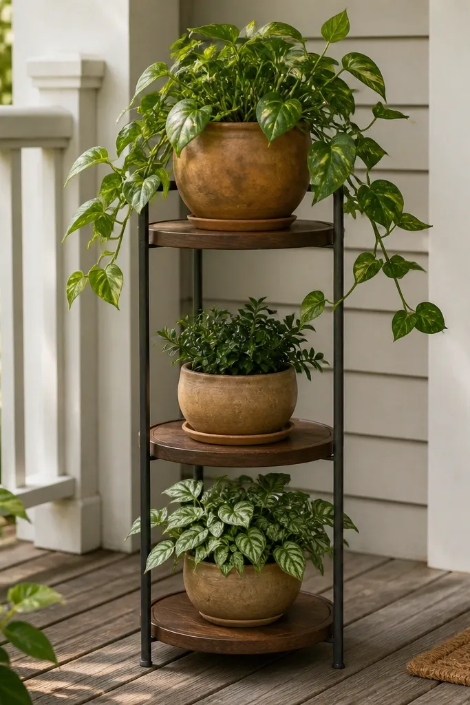 Three-tier plant stand with one trailing plant and two compact pots in warm ceramics