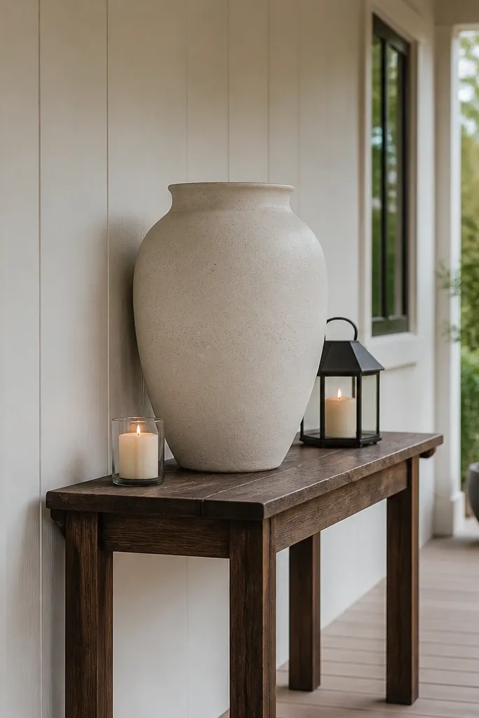 Slim console table with one large matte ceramic vase and two small candles