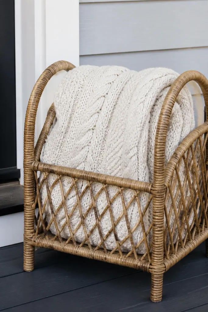 Wicker rack holding a folded cream blanket with a small lantern beside it