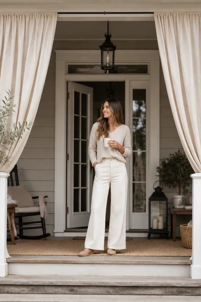 Sheer outdoor curtains hang from porch rail with small warm lights
