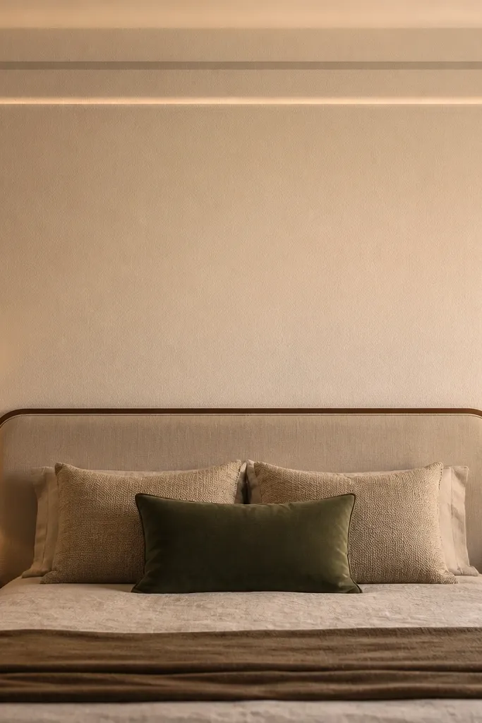 Creamy oat milk matte wall with a thin warm white halo around the bed area