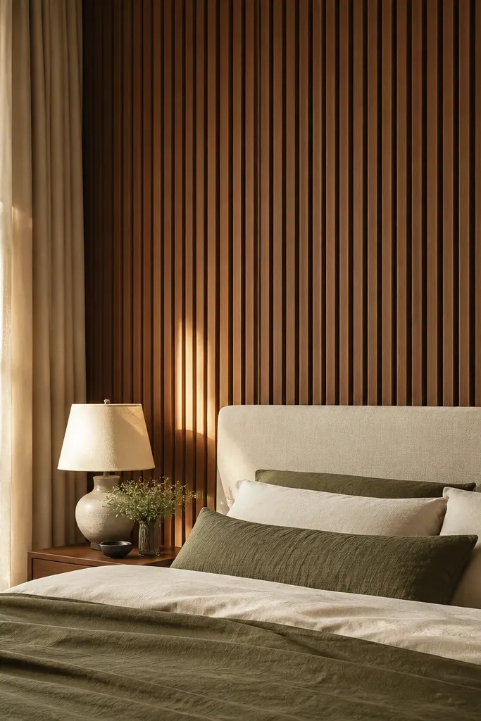 Warm walnut vertical wood slat accent wall behind a bed with soft neutral bedding