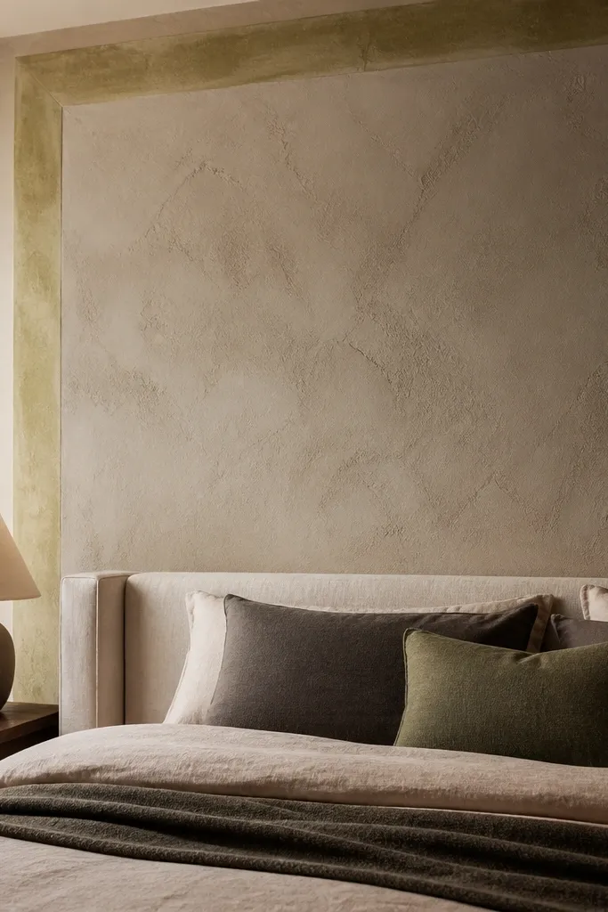 Warm greige plaster wall with a slightly lighter lime-washed border near the top