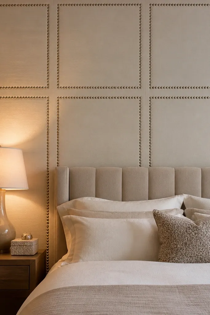 Soft linen-look fabric panels with thin nailhead trim behind a bed