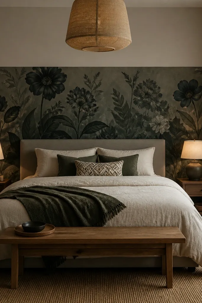 Moody botanical wallpaper mural confined to the wall behind the bed