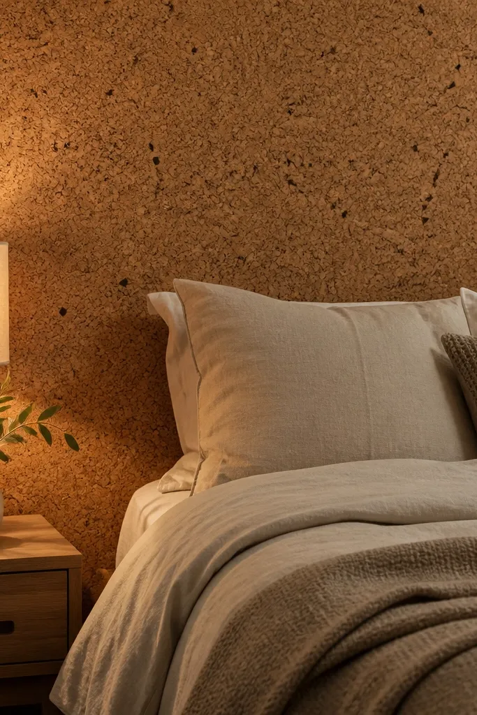 Warm mushroom cork board accent wall behind a bed with soft neutral bedding