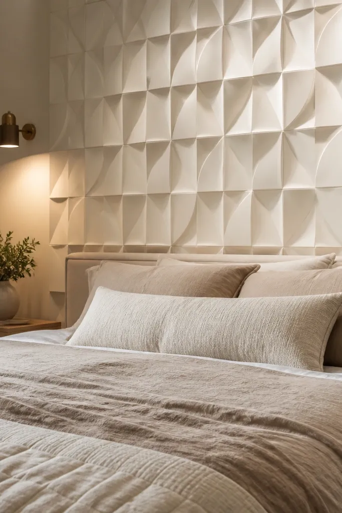 Soft white 3D geometric wall trim behind a bed with warm light and neutral bedding