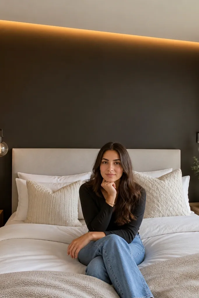 Charcoal accent wall with a soft LED glow line above the bed