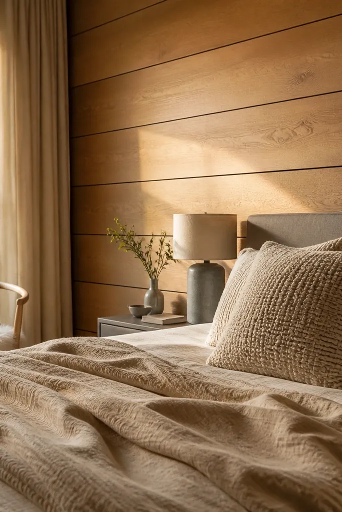 Warm oak horizontal panels with a soft linen throw on the bed