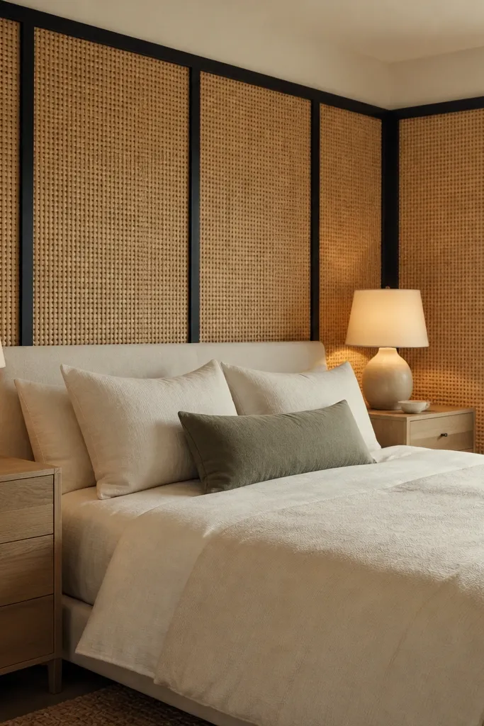 Rattan woven wall panels with a thin black border behind a bed