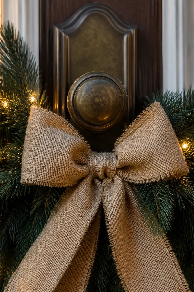 Front door with a pine wreath and a burlap bow, warm white lights around the frame