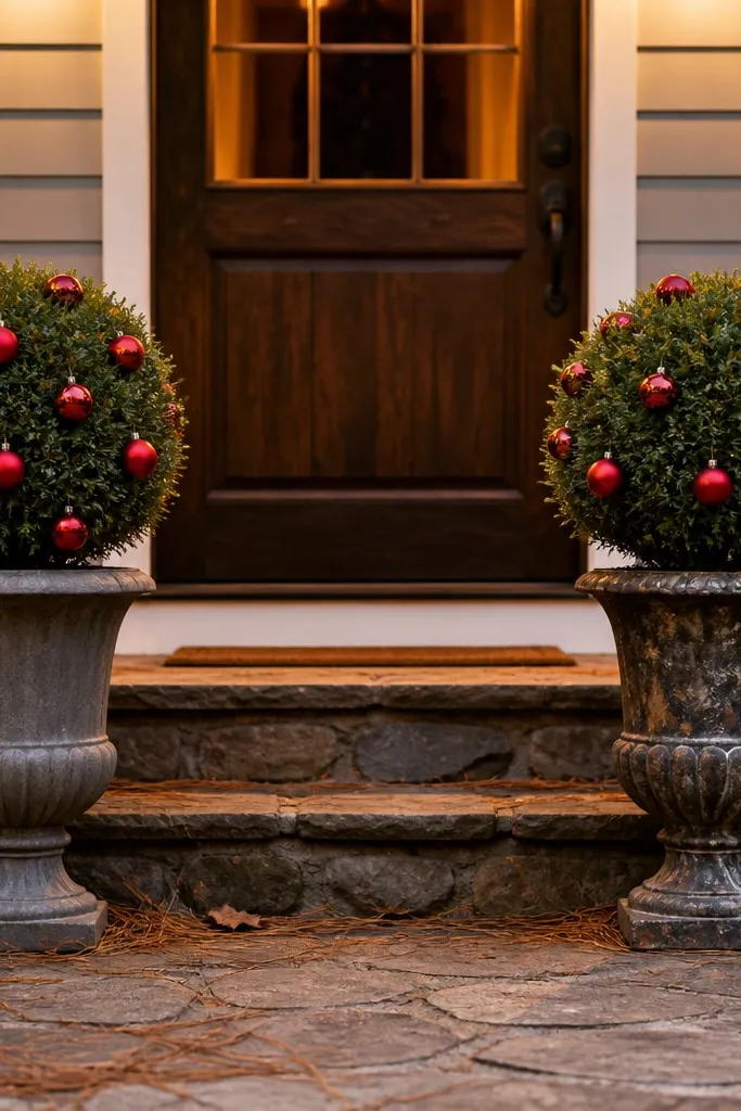 Two mismatched planters flanking a porch step, faux evergreens and red ornaments