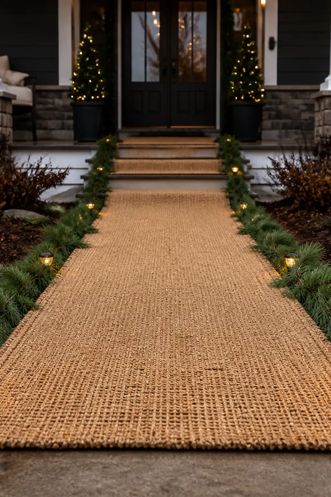 Burlap runner on porch steps with small pine garland and warm LED lights along the edge