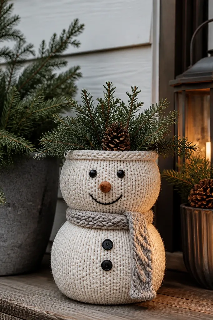 Small knit snowman on a porch with warm white lights and a planter base