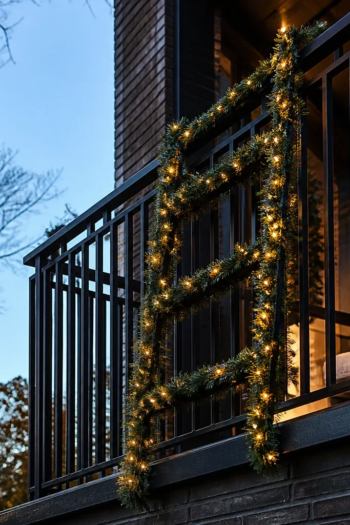Evergreen garland draped in ladder pattern across porch railing with warm string lights