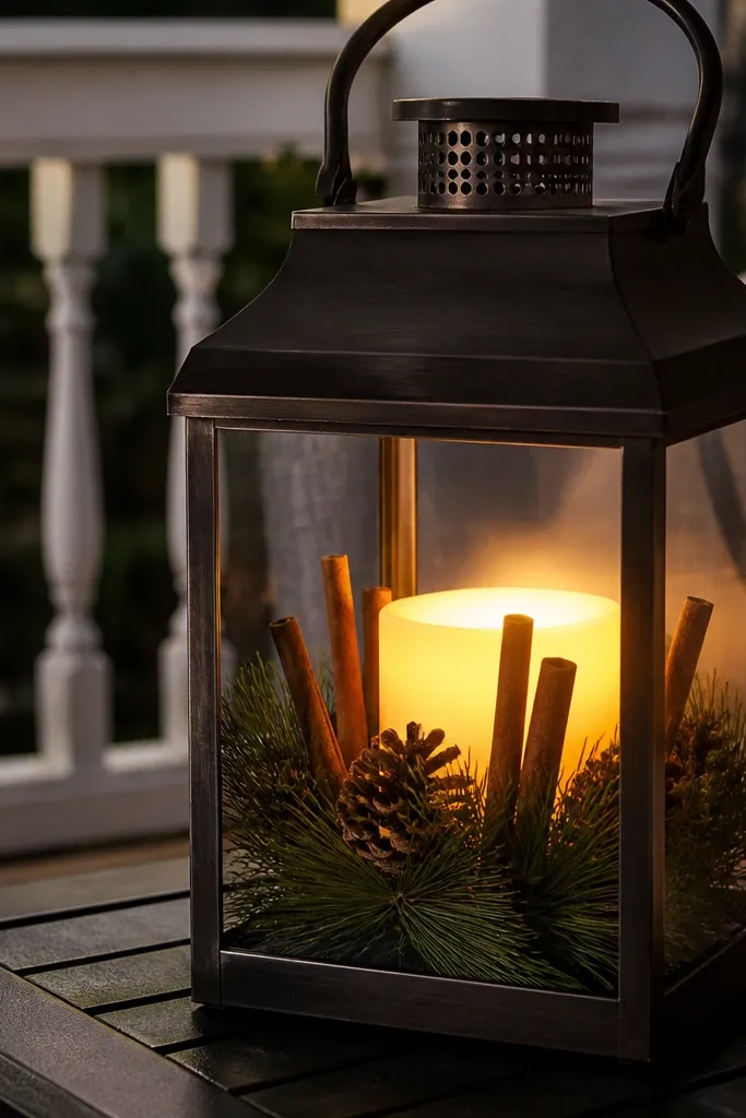 Lantern with pine needles, cinnamon sticks, and warm light on a porch table