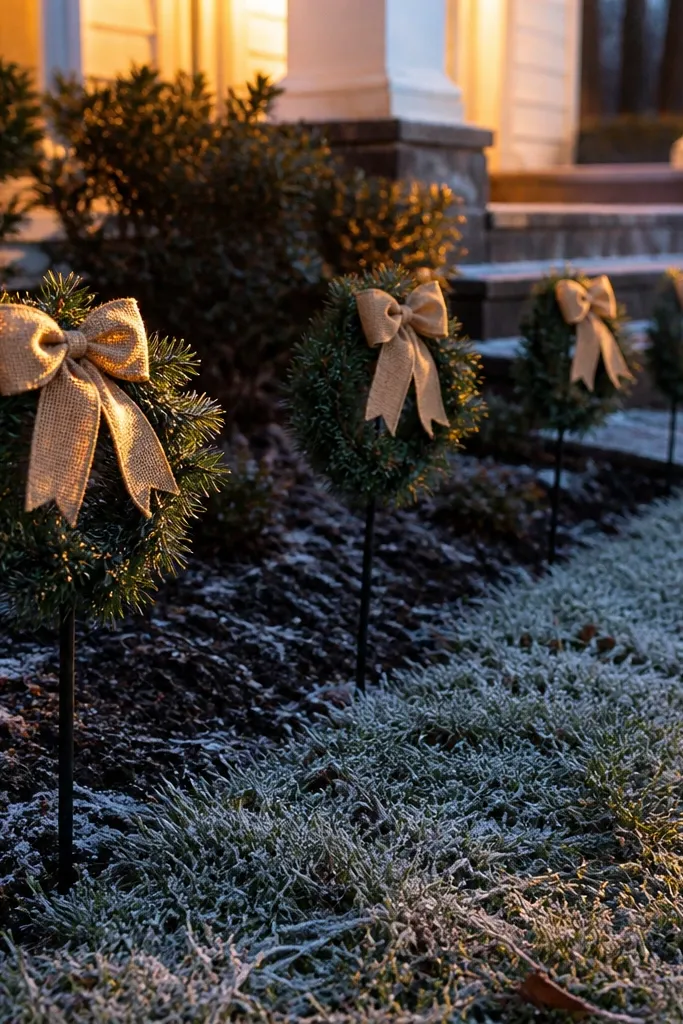 Small wreath stakes with burlap bows along the yard edge leading to the porch