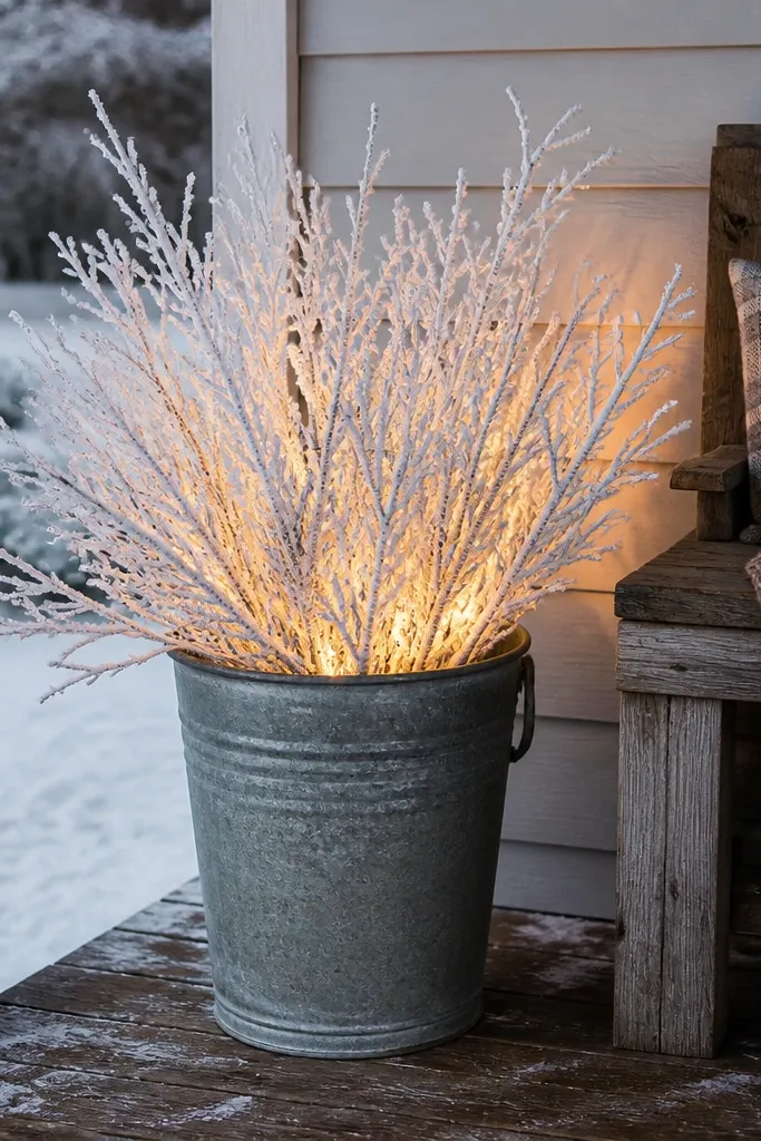 Bucket planter with snowy faux branches and a warm LED light glowing inside