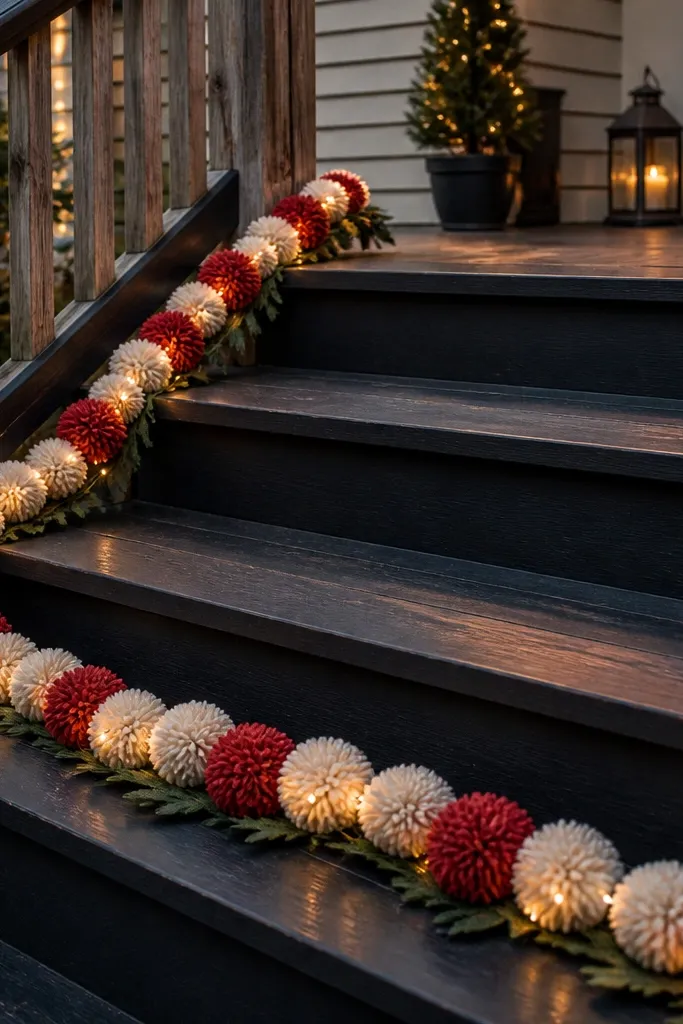 Garland across porch steps with fabric pom-poms and warm white string lights