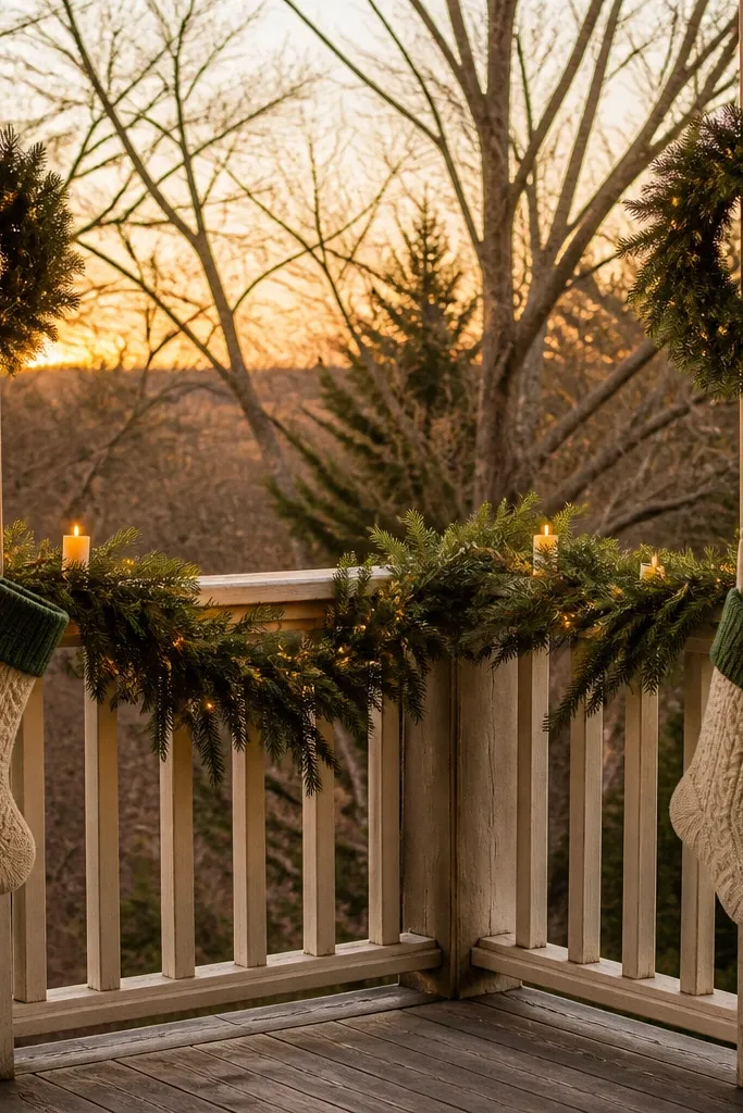 Two porch corner swags with small wreaths and stockings, warm lights along the trim