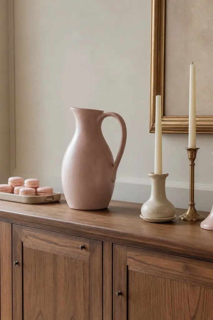 A long wooden buffet with a blush ceramic pitcher centered, three cream taper candles in mismatched holders (two ceramic, one metal), and a small tray of pale pink macarons on the left side. Soft daylight, matte finishes, and a gold picture frame peeking behind.