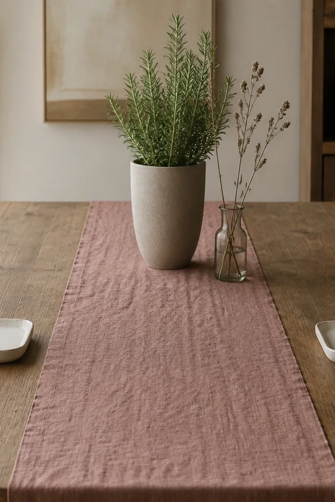 A dining table with a dusty rose runner laid lengthwise, two small white trays at the near-left and near-right corners, and a tall matte herb pot in the center back. A few dried stems in a short glass vase sit beside the pot.
