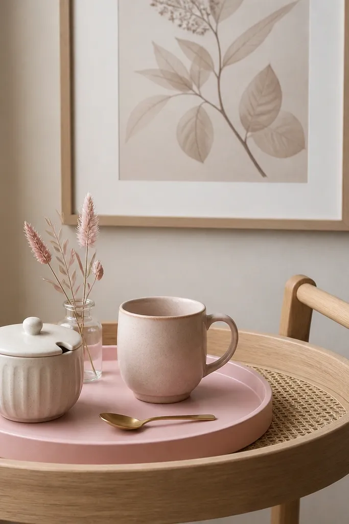 A small round pink tray sitting on a light wood coffee cart. On the tray: a cream sugar jar, a blush ceramic mug, a tiny glass bottle with pale pink stems, and a gold spoon. The wall behind has a single framed botanical print in soft beige.