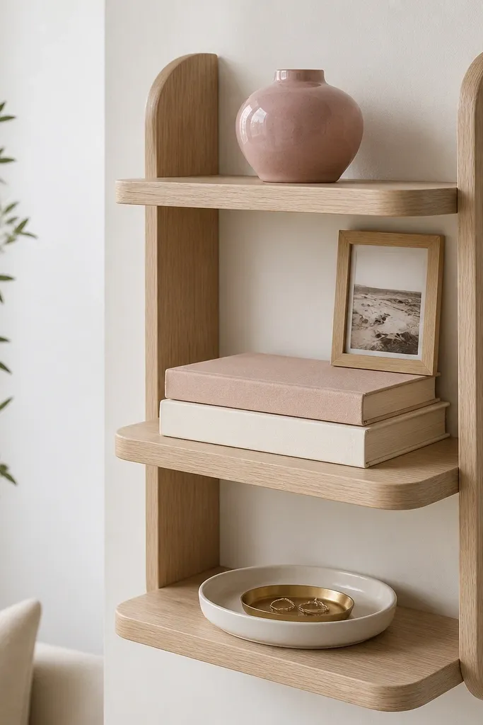A wall shelf in light wood holding a small pink ceramic vase on top, a stack of two books with blush and cream covers in the middle, and a shallow white dish with a gold ring tray on the bottom. A tiny framed photo leans behind the books.