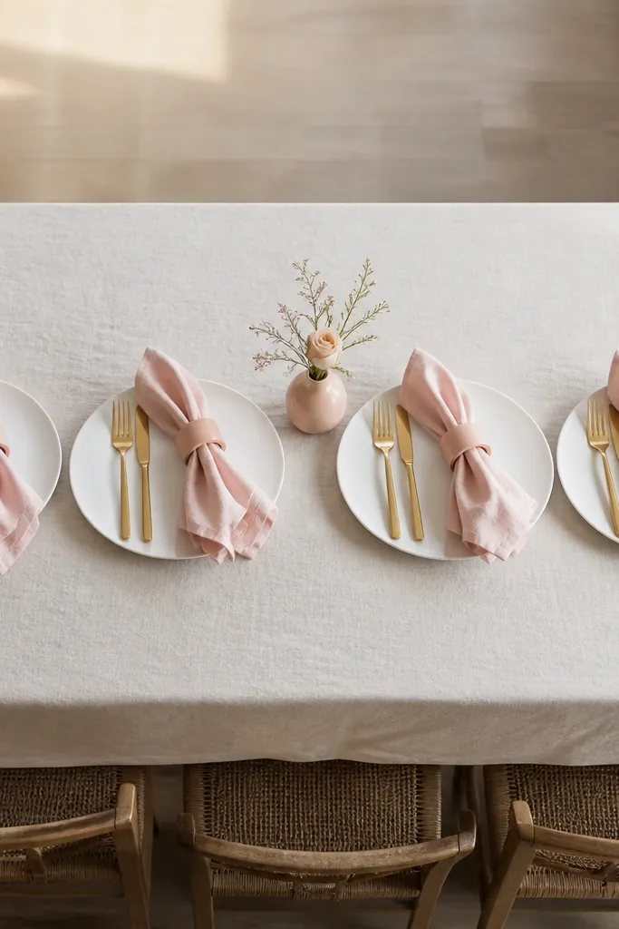 Four white dinner plates spaced evenly with blush napkin rings holding folded pale pink napkins. A small blush bud vase sits between two settings, and a gold flatware set lies centered on each plate.