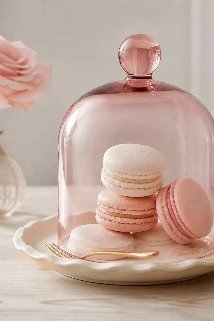 A pink-tinted glass cloche sitting on a cream dessert plate. Under it: a small stack of macarons in blush and white tones and a tiny gold fork. The base sits on a pale wood table with a single blush rose in a mini vase behind.