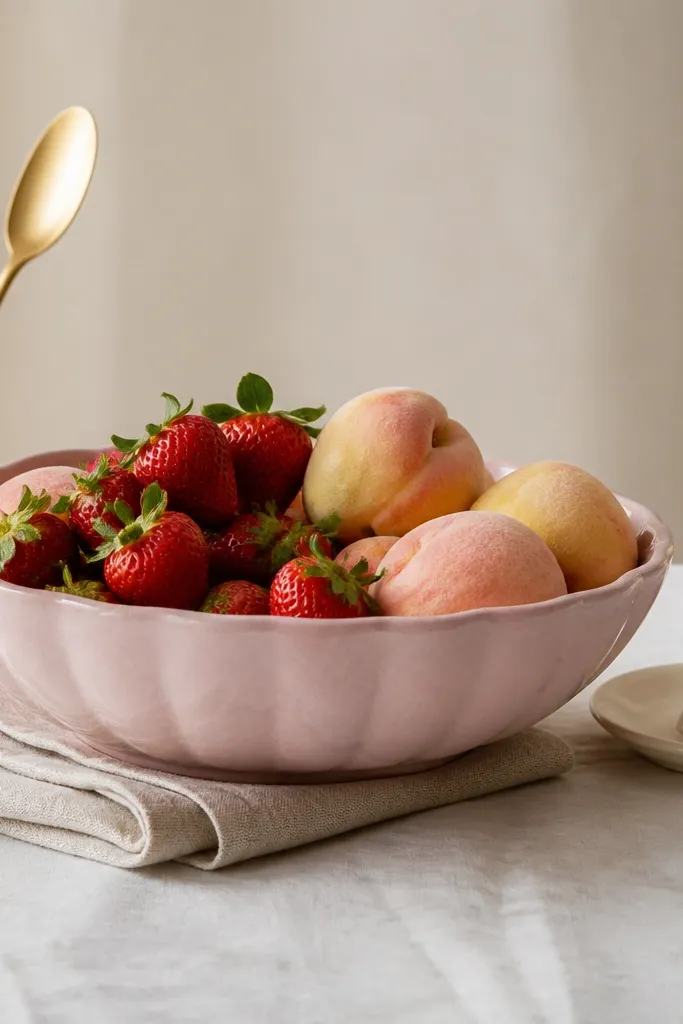 A blush ceramic serving bowl filled with strawberries and pale peaches, with a small cream candlestick on a saucer to the right. A linen napkin is rolled beneath the bowl, and a simple gold spoon rests inside a white utensil cup.