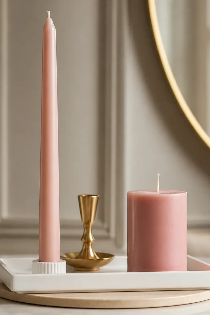 A white rectangular tray with two pink candles in different heights: one tall blush taper on the left and one shorter pink pillar on the right. A small gold candle holder sits behind them, and a single cream coaster is under the tray base.