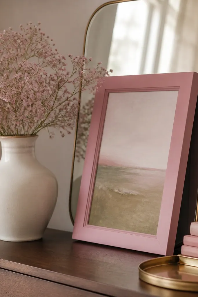 A sideboard top with a medium pink picture frame leaning against a small mirror. In front: a cream vase with pale pink baby's breath and a small stack of books with blush spines. A gold tray sits at the bottom corner.