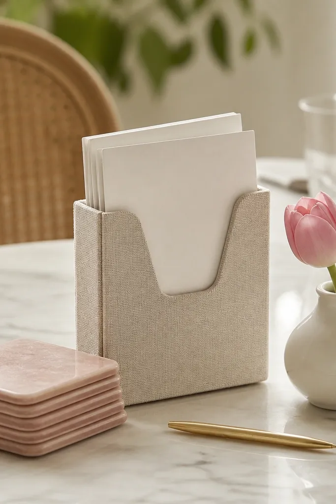 A small grouping on a dining table: a stack of square pink coasters, a linen menu card holder in oatmeal, and a tiny white vase with one pink tulip. A thin gold pen rests beside the menu holder.