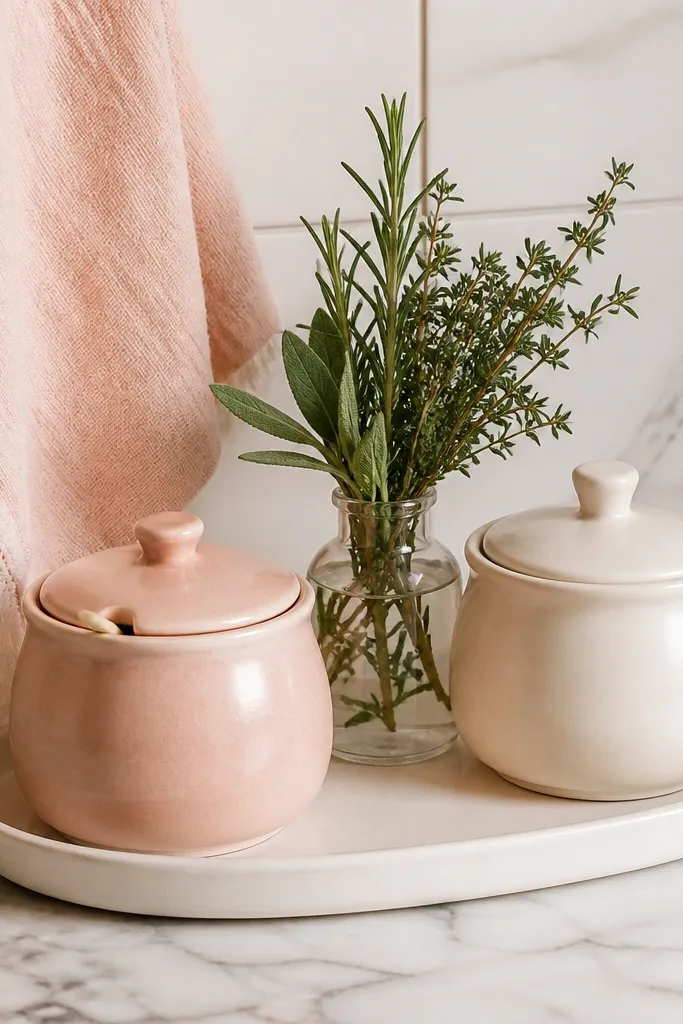 A countertop vignette with a blush ceramic salt jar on the left, a cream sugar jar on the right, and a small herb bundle in a short glass bottle in the back. A pink dish towel hangs nearby, and a white tray holds everything.