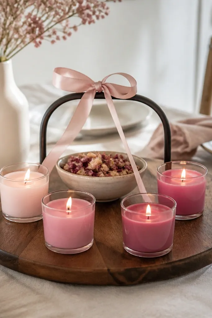 A round lazy susan on a dining table holding five votive candles in an ombre pink set, from pale blush to deeper rose. A small cream bowl sits in the center with dried petals, and a blush ribbon ties around the lazy susan handle.