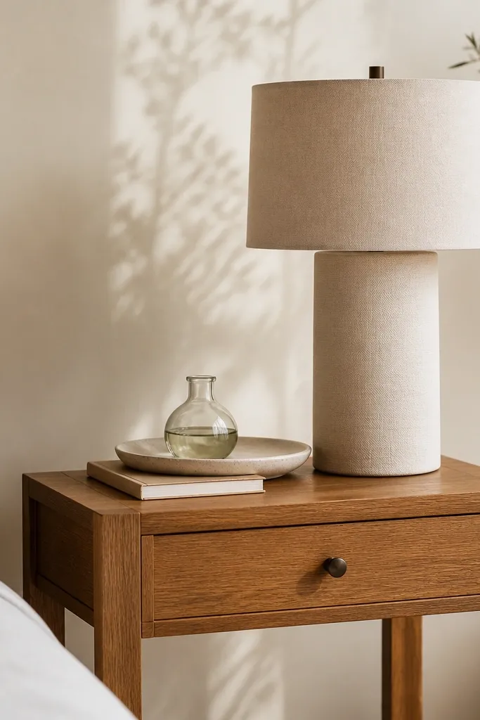 A warm oak side table with a single drawer, paired with a tall linen drum lamp. A small ceramic tray holds a glass bottle and a slim book; the wall behind is light cream with soft shadowing.