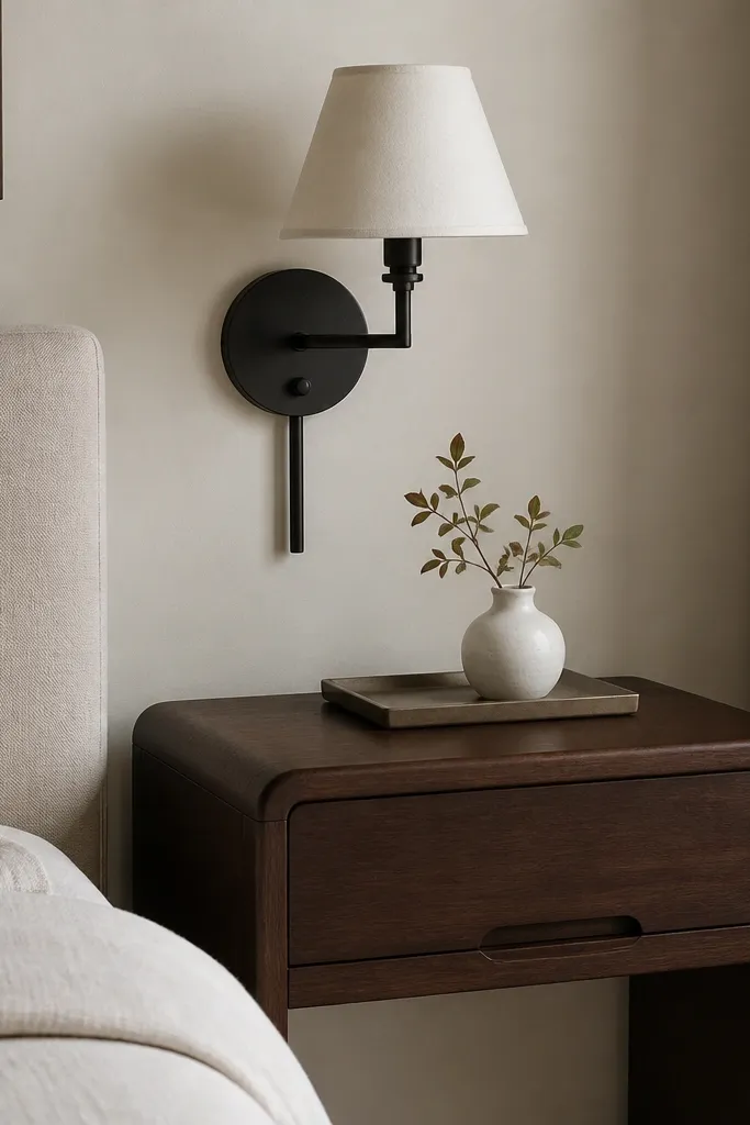 A dark walnut side table with rounded corners next to a wall-mounted black metal sconce. A small white ceramic bud vase sits on a tray; the lamp is off-white with a slightly tapered shade.