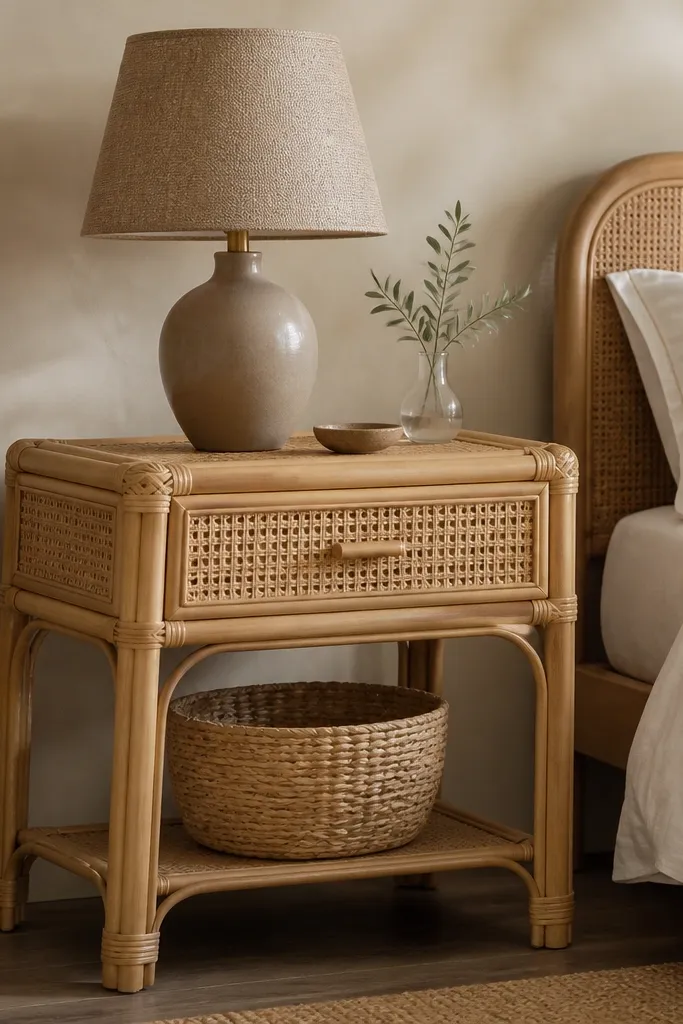 A rattan side table with a woven drawer front and curved legs. A warm taupe lamp with a textured shade sits on top; a woven basket is tucked under a lower shelf.